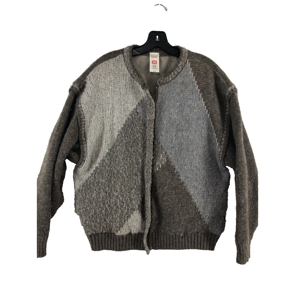 St Michael Vintage Women Cardigan Sweater 16 Gray Brown Wool Full Zip Knit Lined